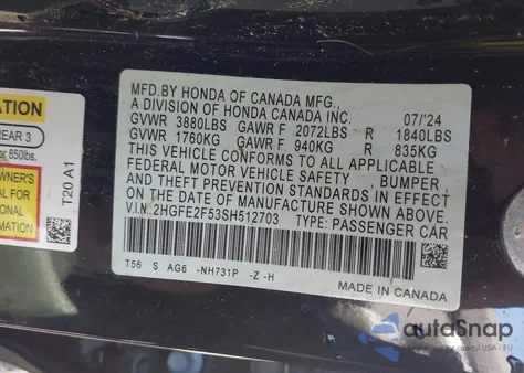 2025 Honda Civic Sport z USA, uszkodzony, nr VIN 2HGFE2F53SH512703